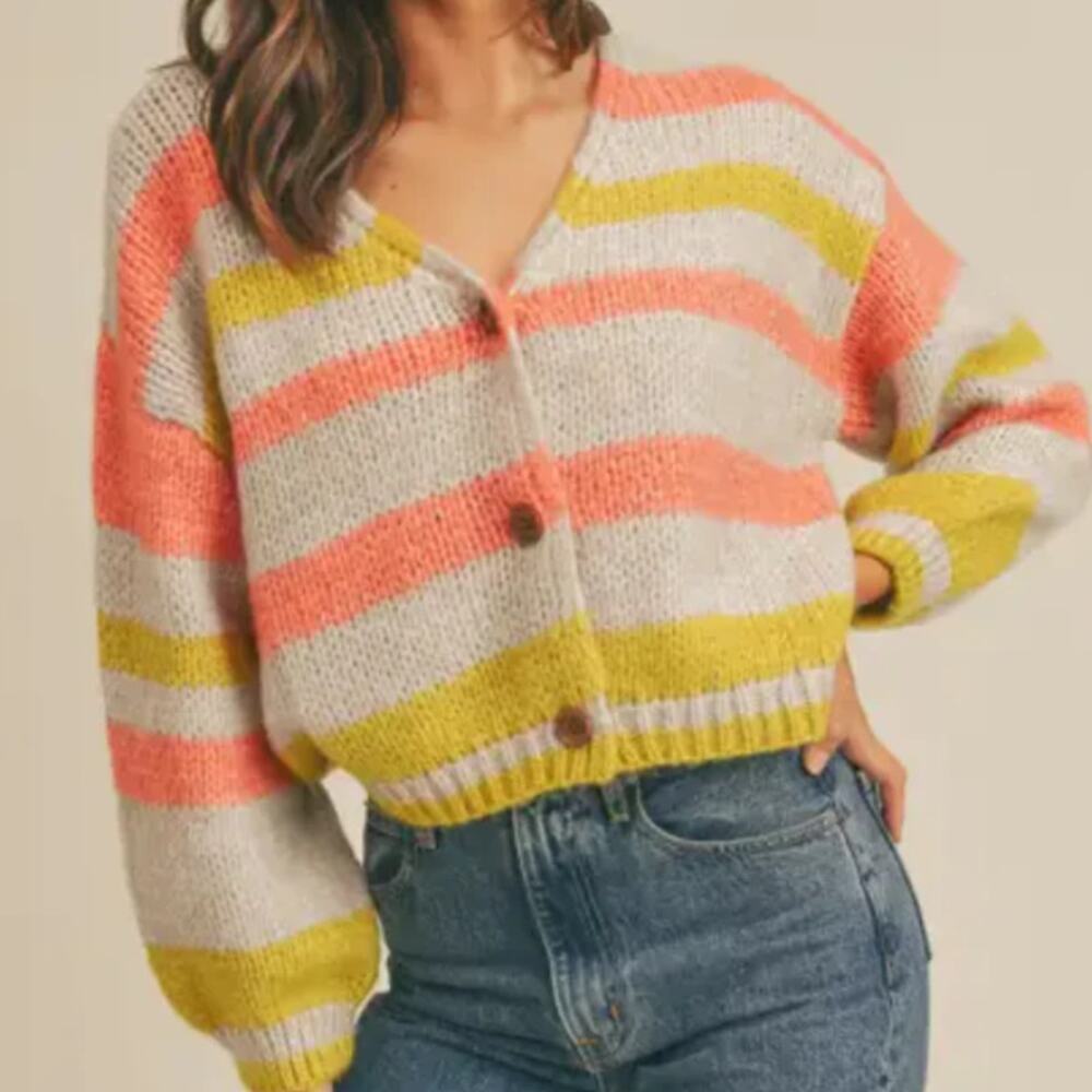 "Hannah Banana" Striped Boho Sweater w Wood Buttons by Lush